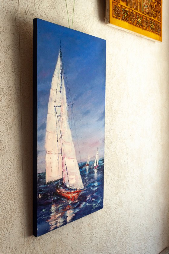 "Red sailboat" Yachts, ships, seascape