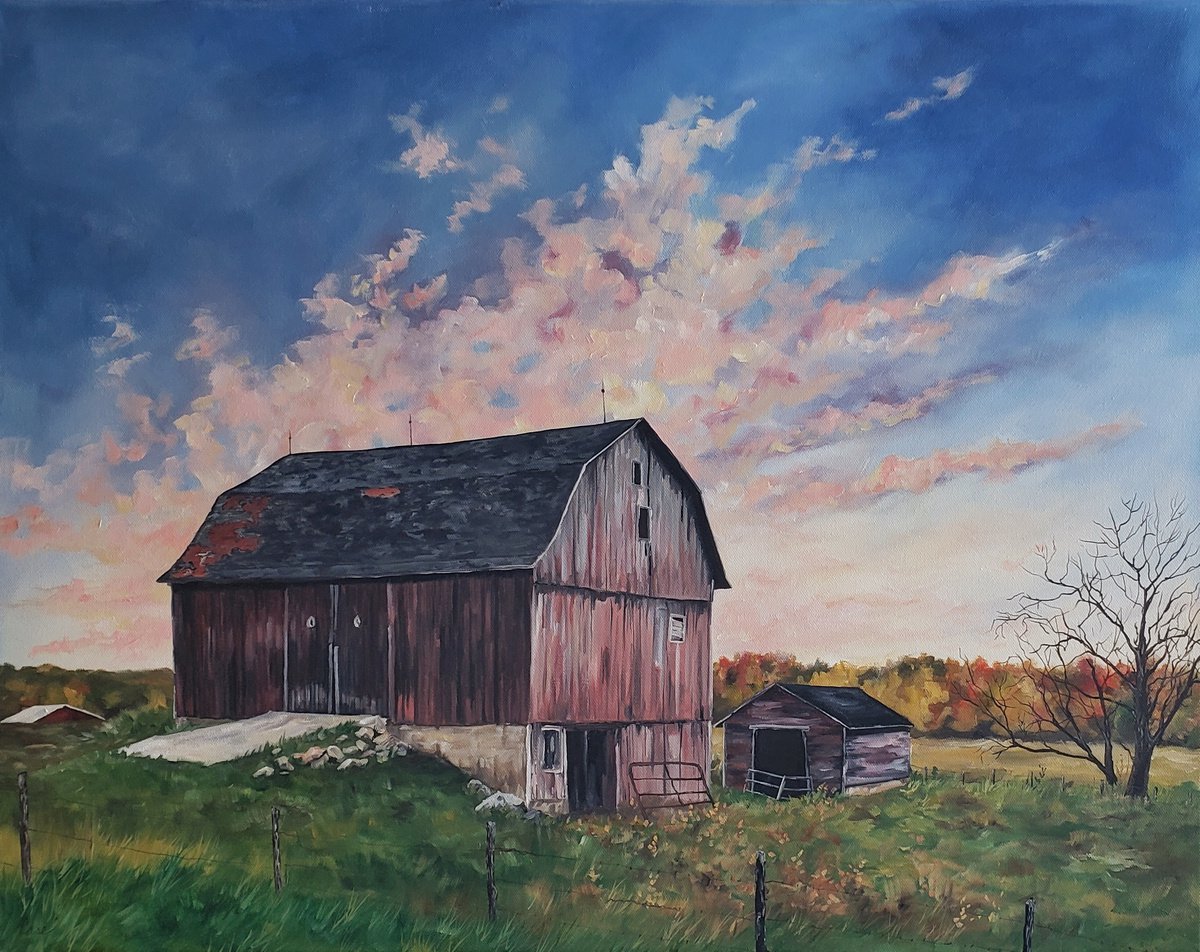 Impressionistic Landscape Oil Painting By Katrina Case, 28 X 22", Sunrise Over The Old Barn, Original Artwork