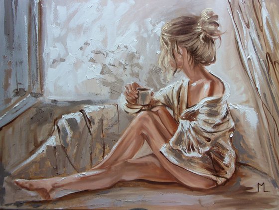 " SPRING COFFEE ... "-   liGHt  BOOK COFFEE ORIGINAL OIL PAINTING, GIFT, PALETTE KNIFE nude WINDOW