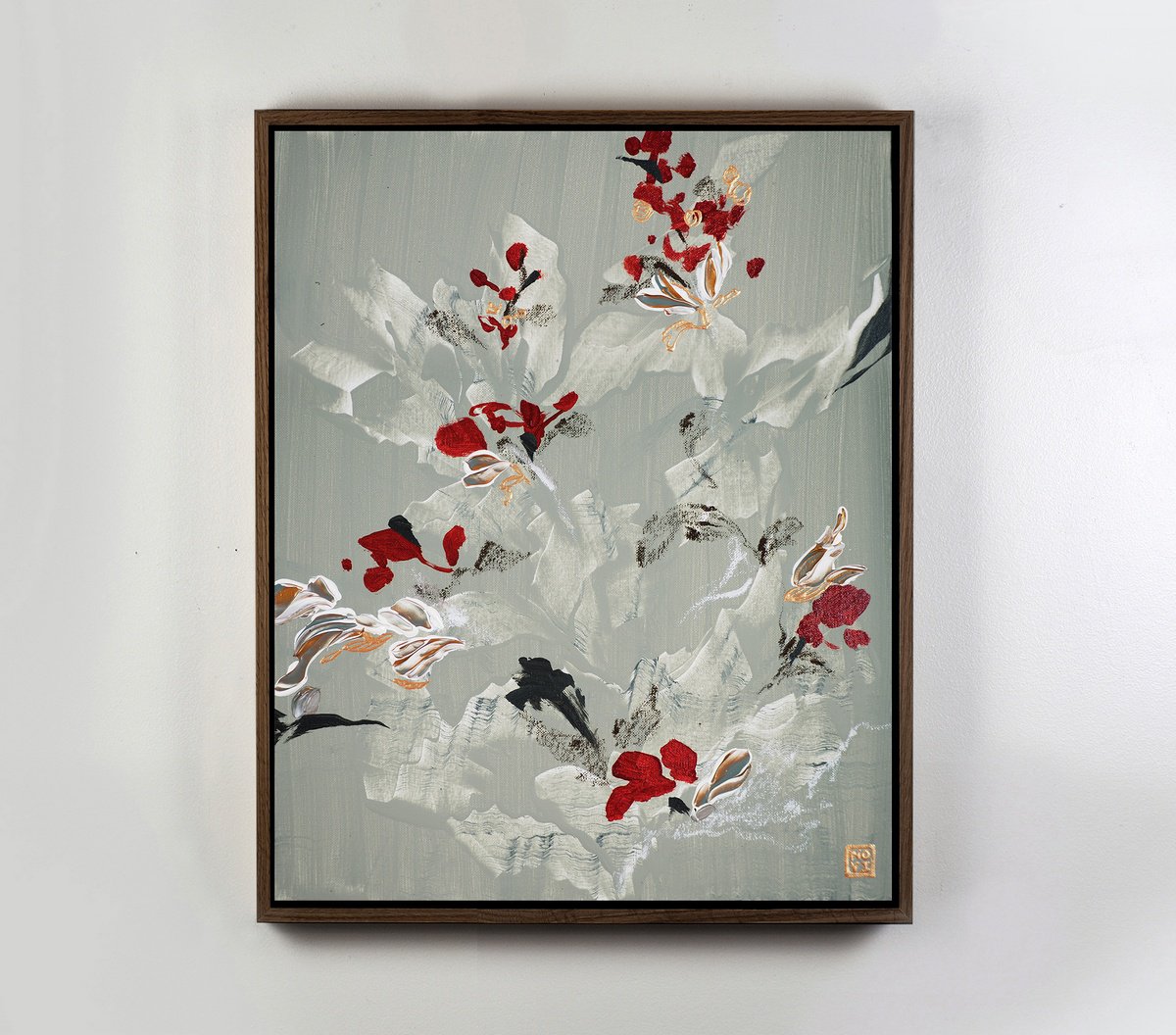 Abstract Acrylic Painting By Novi Lim, 18 X 22", White Bamboo Cinnabar, Original Artwork