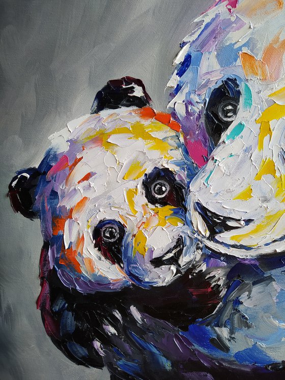 When mother is near -  panda, pandas, panda oil painting, mother's love, animal, animal face, love, mother, painting on canvas, gift, animals art, animals oil painting