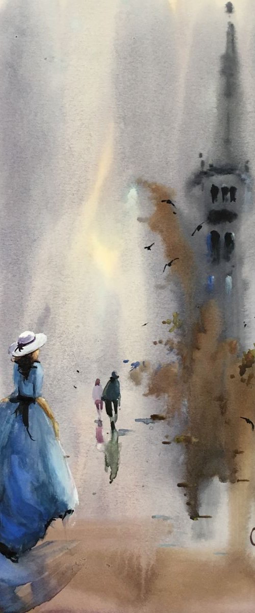 Watercolor “Lady with The blue dress” perfect gift by Iulia Carchelan