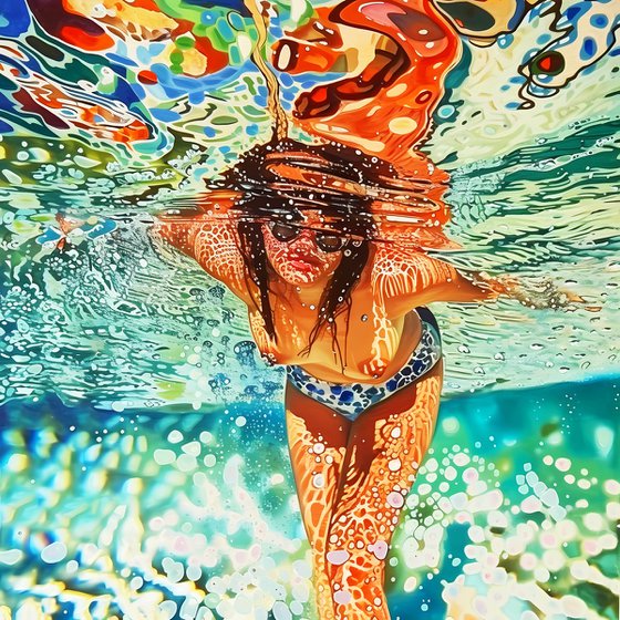 Nude woman under water in the swimming pool, sea, ocean with turquoise color waves with bright sun glares. Impressionistic artwork. Positive holiday bright wall art home decor. Art Gift