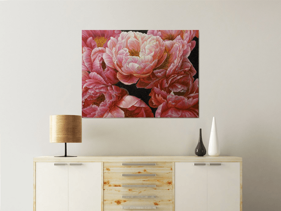 Red peonies on dark background
