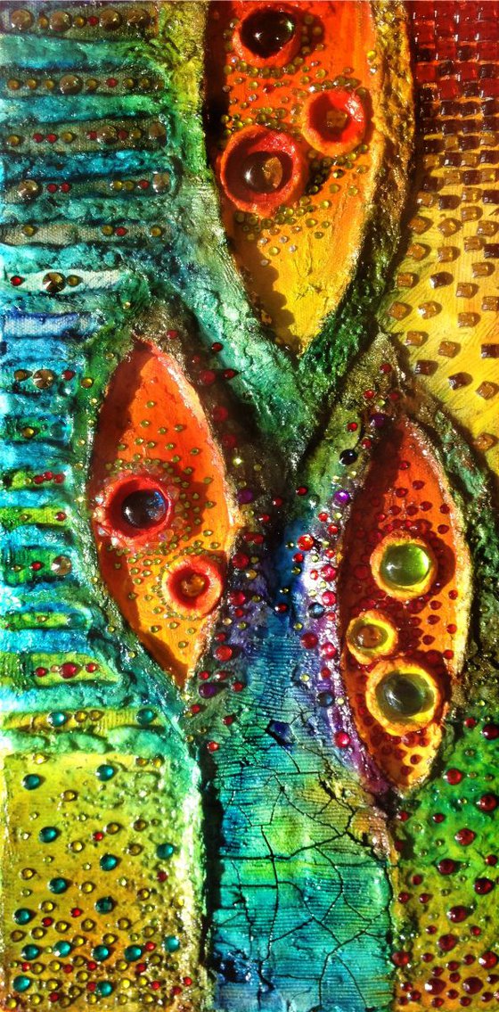 Abstract Painitng, Felicità, Tree painting, Bright colors, textured, Rhinestone, Glass Art, Organic, Modern Painting, Wall Sculpture