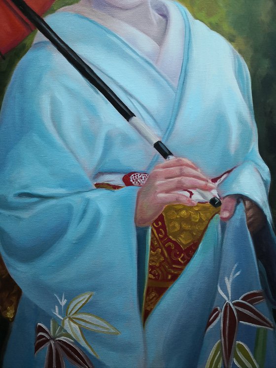 Geisha in kimono with red umbrella, portrait number 10