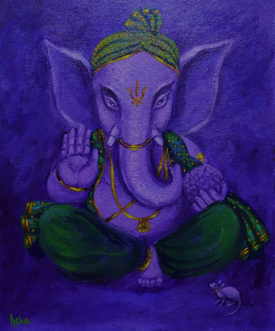 Purple Ganesha in green silk