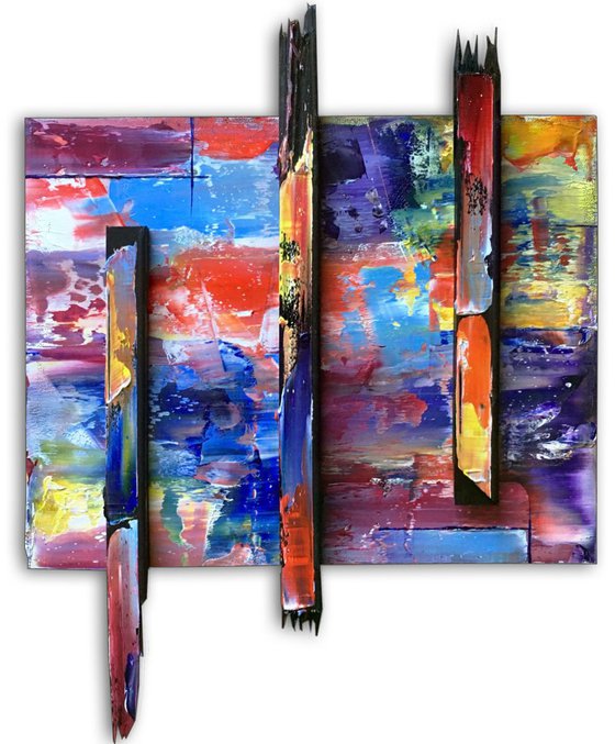 "The Pixel Variations" - FREE USA SHIPPING - Original Triptych PMS Mixed Media Sculptural Paintings On Wood, Framed -  65 x 26 inches