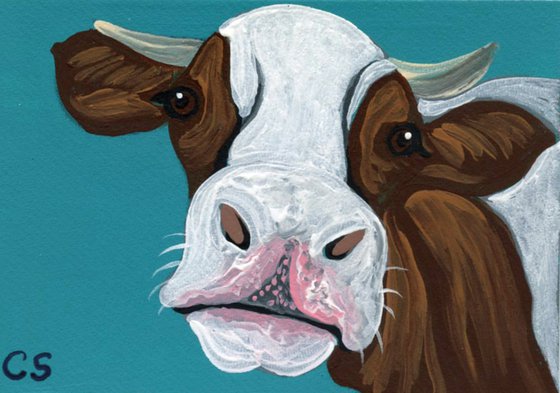 ACEO ATC Original Miniature Painting Brown White Cow Farmyard Art-Carla Smale