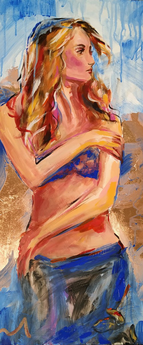 Βy the Sea - woman Painting on MDF by Antigoni Tziora