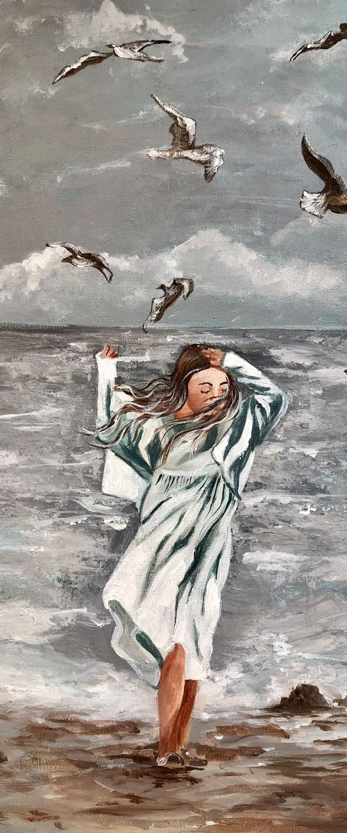 Girl and seagulls by the sea by Inna Montano