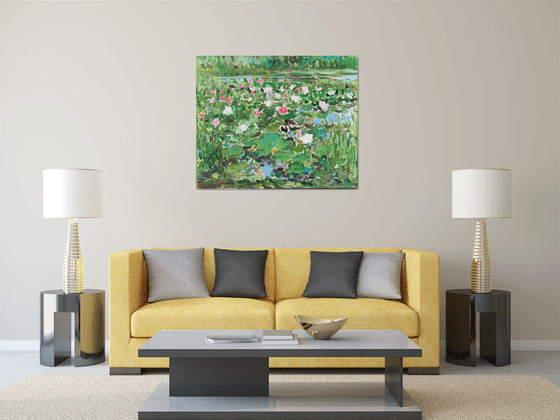 NOON ON THE LAKE, LOTUS - Water lilies, floral landscape,  waterscape, original oil painting, plein air