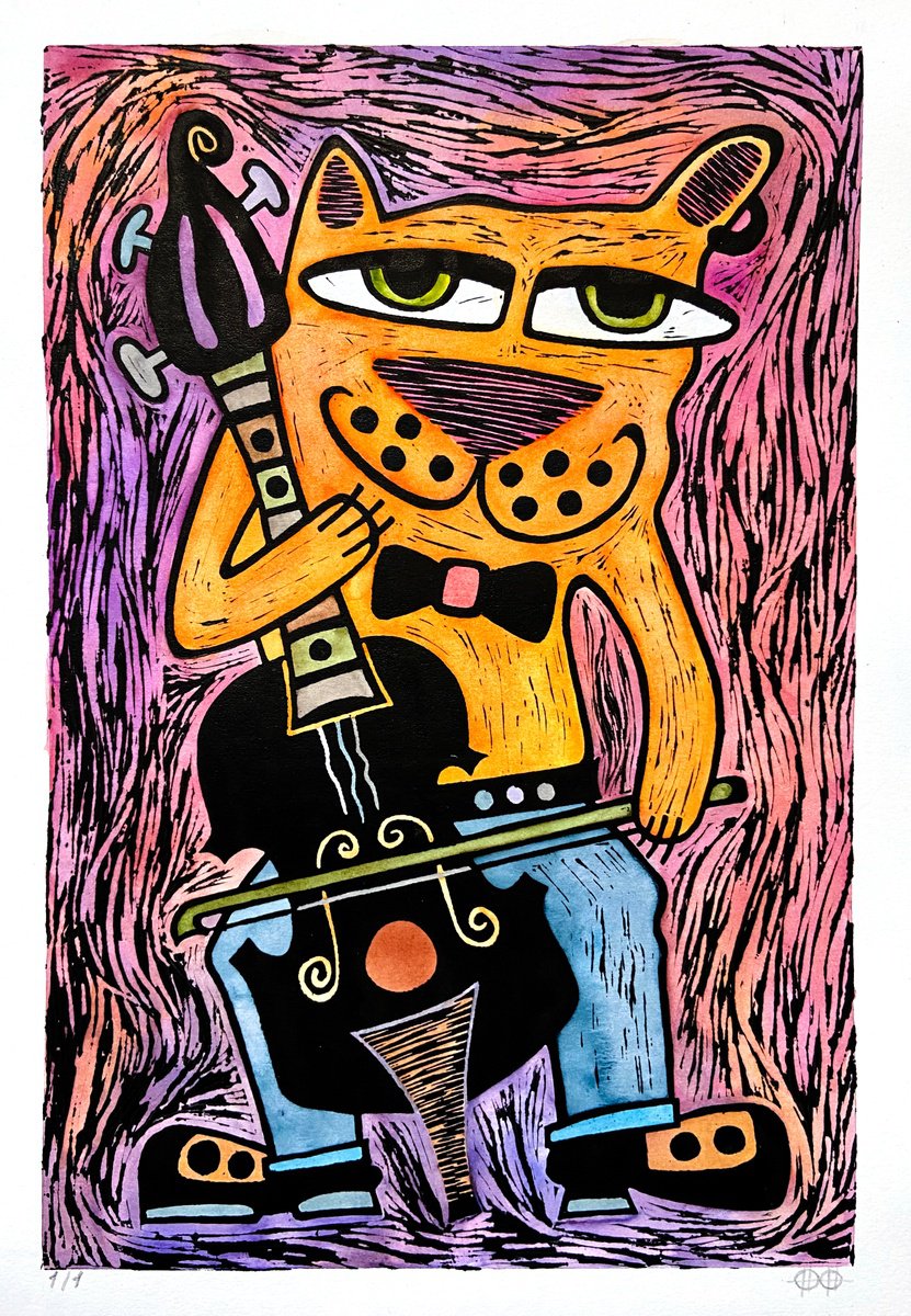 Animal Linocut By Nikita Ostapenco, 11 X 15", ?at With Cello, Color #1, Original Artwork