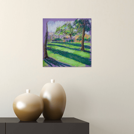 Evening light. Sunny urban natural impressionistic landscape. Medium size oil pastel impressionistic interior painting travel decor Spain Madrid