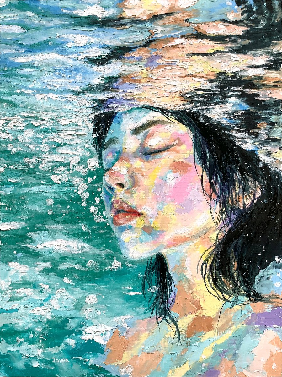 Expressive Portrait Oil Painting By Joule Kim, 9 X 13", Underwater Prism, Original Artwork