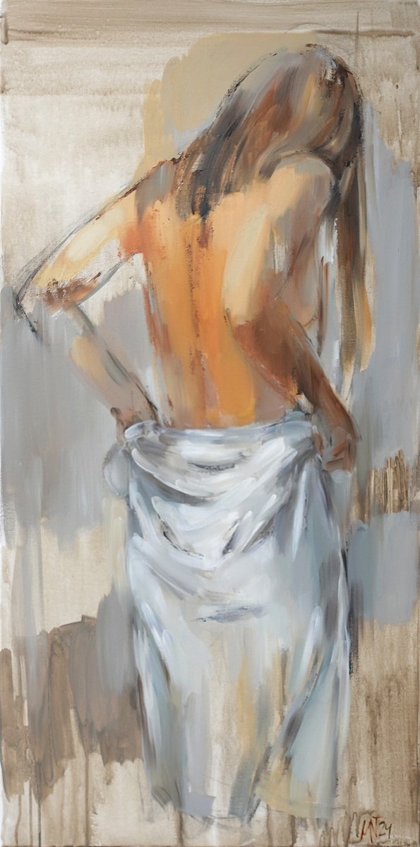 Expressive Portrait Oil Painting By Nelina Trubach-Moshnikova, 20 X 39", Dressing Up, Original Artwork