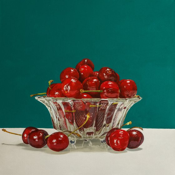 Red Cherries in a Glass Bowl