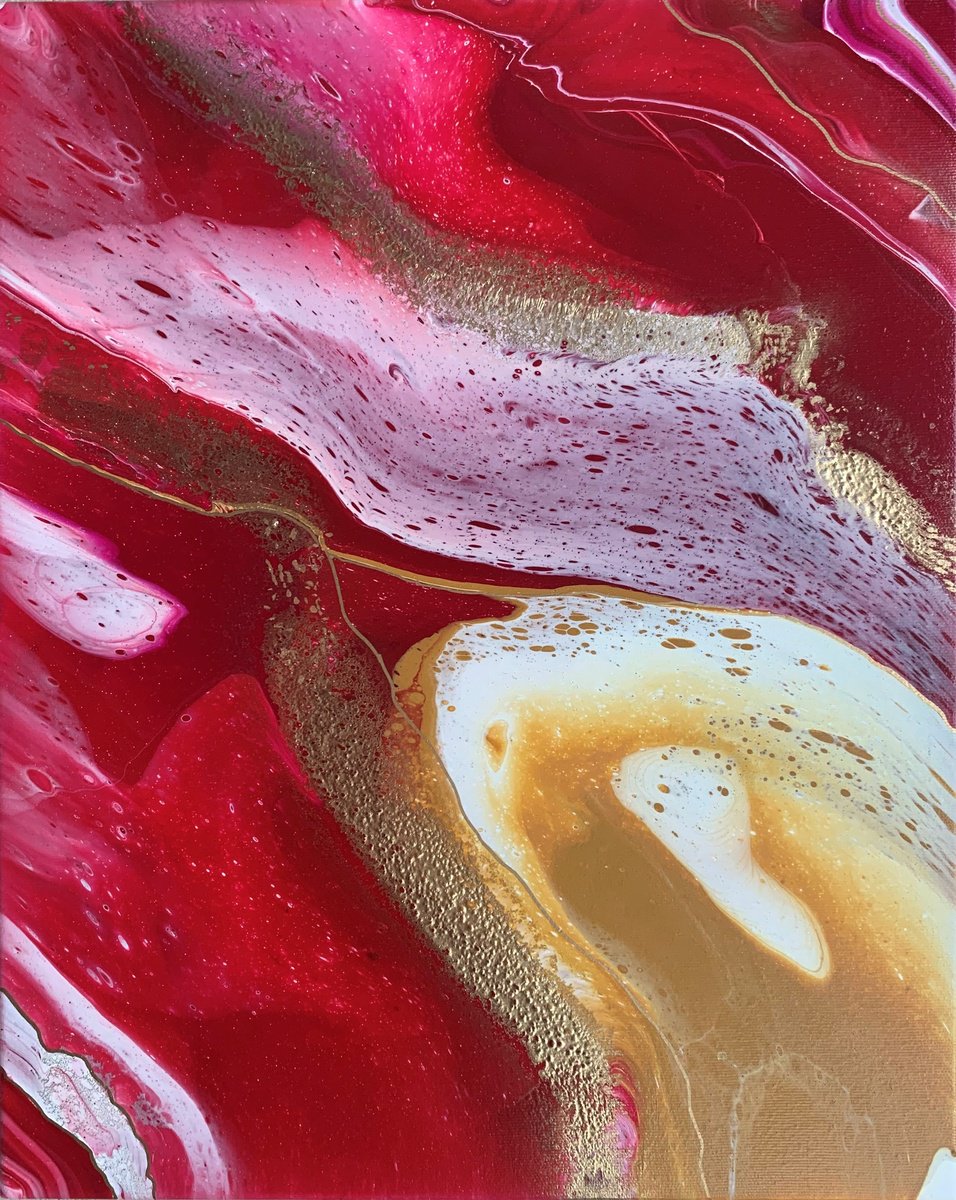 Crimson Infusion majestic abstract painting , gold and shades of red by Marina Skromova
