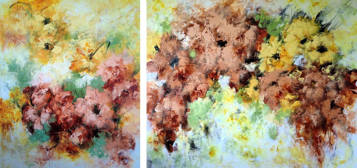 Abstract Botanical Acrylic Painting By Vera Hoi, 96 X 47", Enchanted Blooms Diptych, Original Artwork