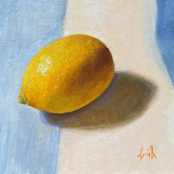 Lemon Still Life original oil realism painting, with wooden frame.