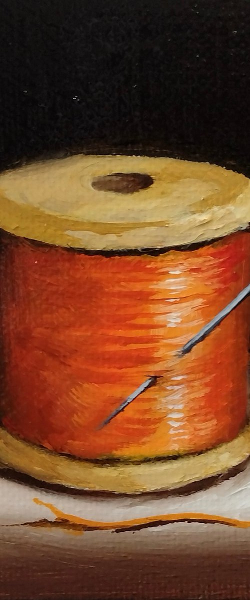 Little Orange  cotton reel  still life by Jane Palmer Art