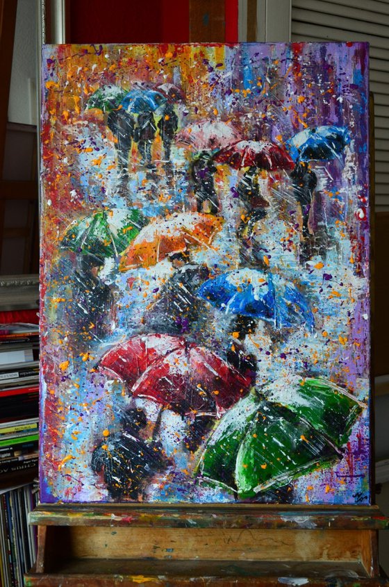 Purple Rain - Palette knife Modern Urban art Impressionistic City