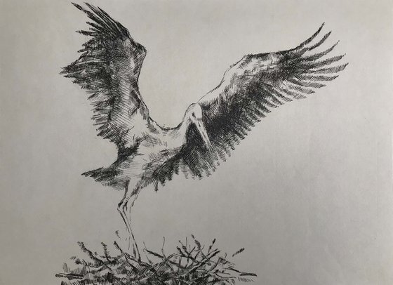 Dancing stork. one of a kind, original, handmade.