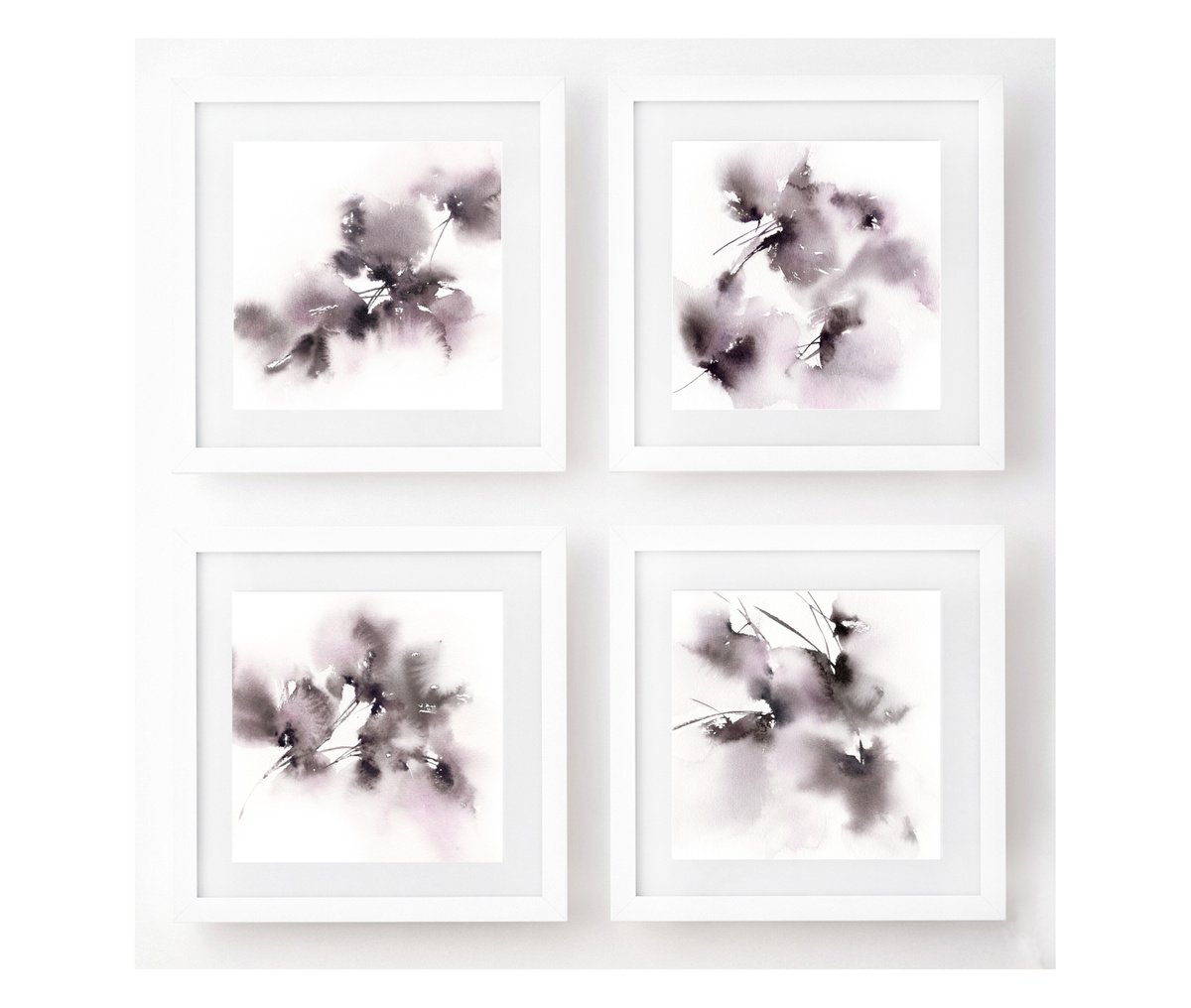 Black abstract flowers painting set, set of 4 monochrome drawings Summer rain by Olga Grigo