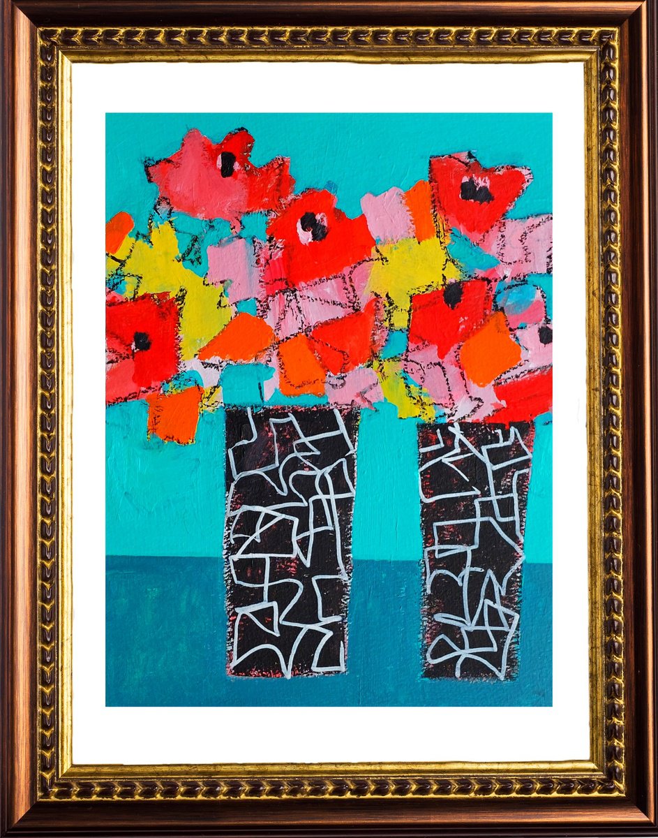 Abstract Botanical Acrylic Painting By Jan Rippingham, 12 X 15, Two Vases Of Summer Flowers, Original Artwork