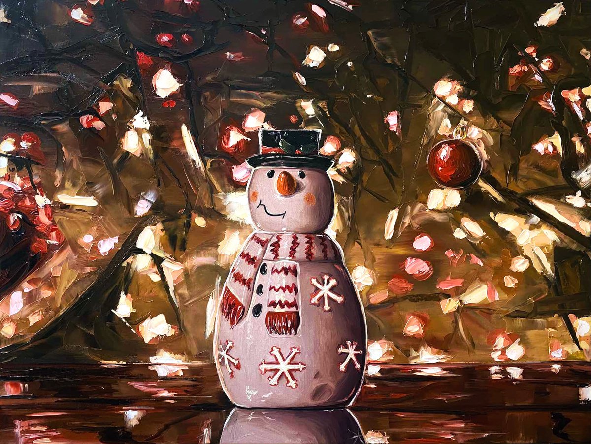 Impressionistic Still Life Oil Painting By Elena Adele Dmitrenko, 24 X 18, Christmas And Snowman, Original Artwork