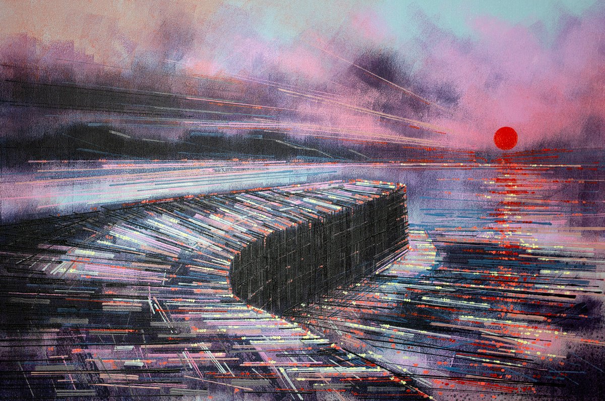 Impressionistic Landscape Acrylic Painting By Marc Todd, 30 X 20", Lyme Regis Sunset, Original Artwork