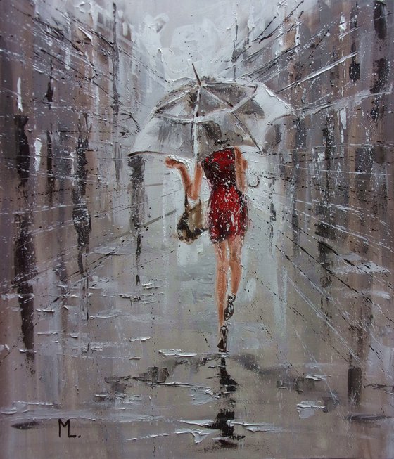 " SPRING SHOPPING ... "  RAIN street spring summer original painting CITY palette knife GIFT