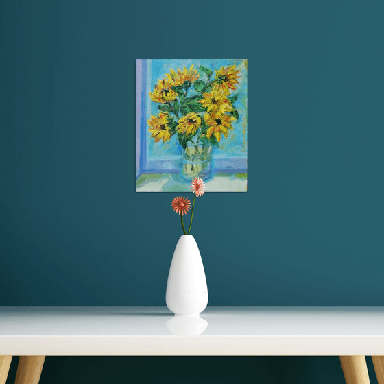 "Sunflowers in the Window" Original Oil Painting 10x12" (24x30cm)