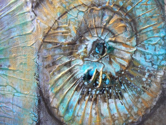 Turquoise Ammonites #2 (textured fossil artwork, ready to hang)