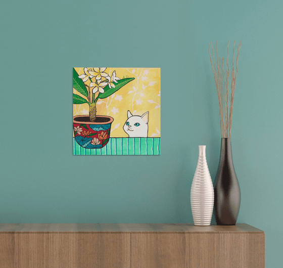 "Curious cat and plumeria in red floral pot." Maximalist Modern Matisse-Inspired Original Painting