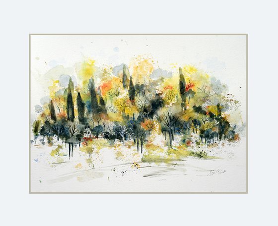 Summer trees - original watercolor and ink painting