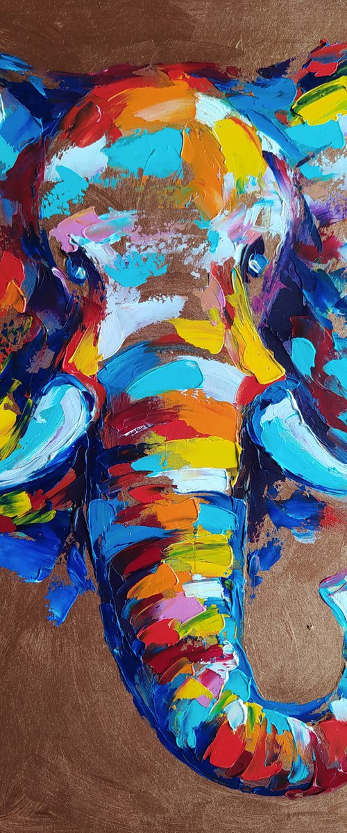 Steel - oil painting, elephant, elephant face, animal face, animals oil painting, impressionism, palette knife, gift, elephant portrait by Anastasia Kozorez