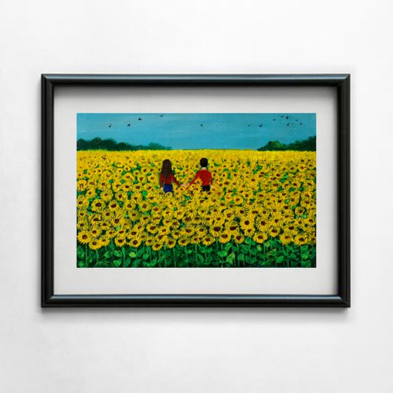 Couple in sunflower field! A4 Painting on paper