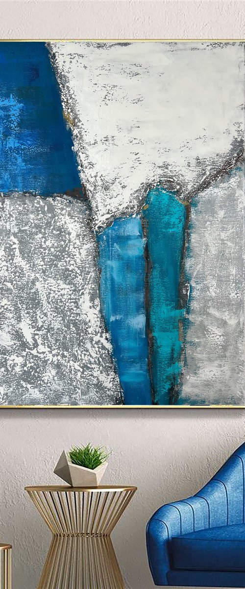 Turquoise vertical abstraction. White blue wall art. by Marina Skromova