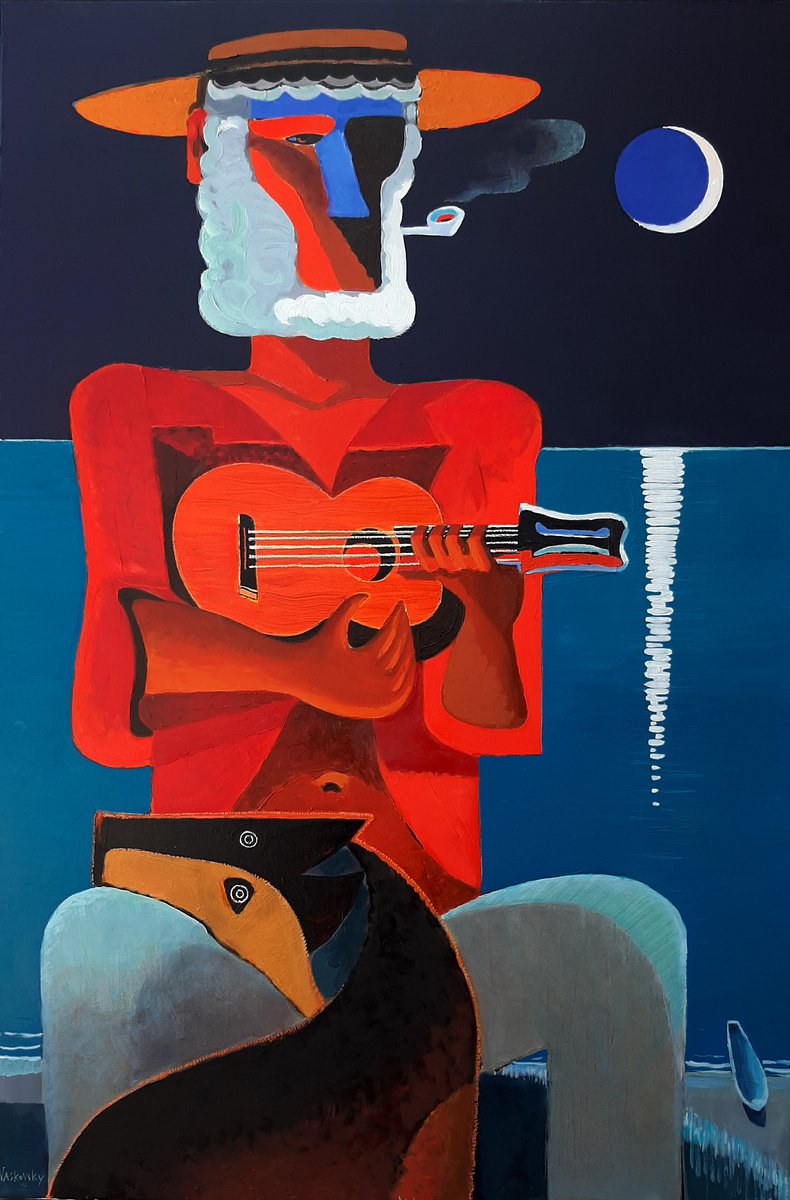 Animal Acrylic Painting By Vadim Vaskovsky, 24 X 36", Ukulele Player And Dog, Original Artwork