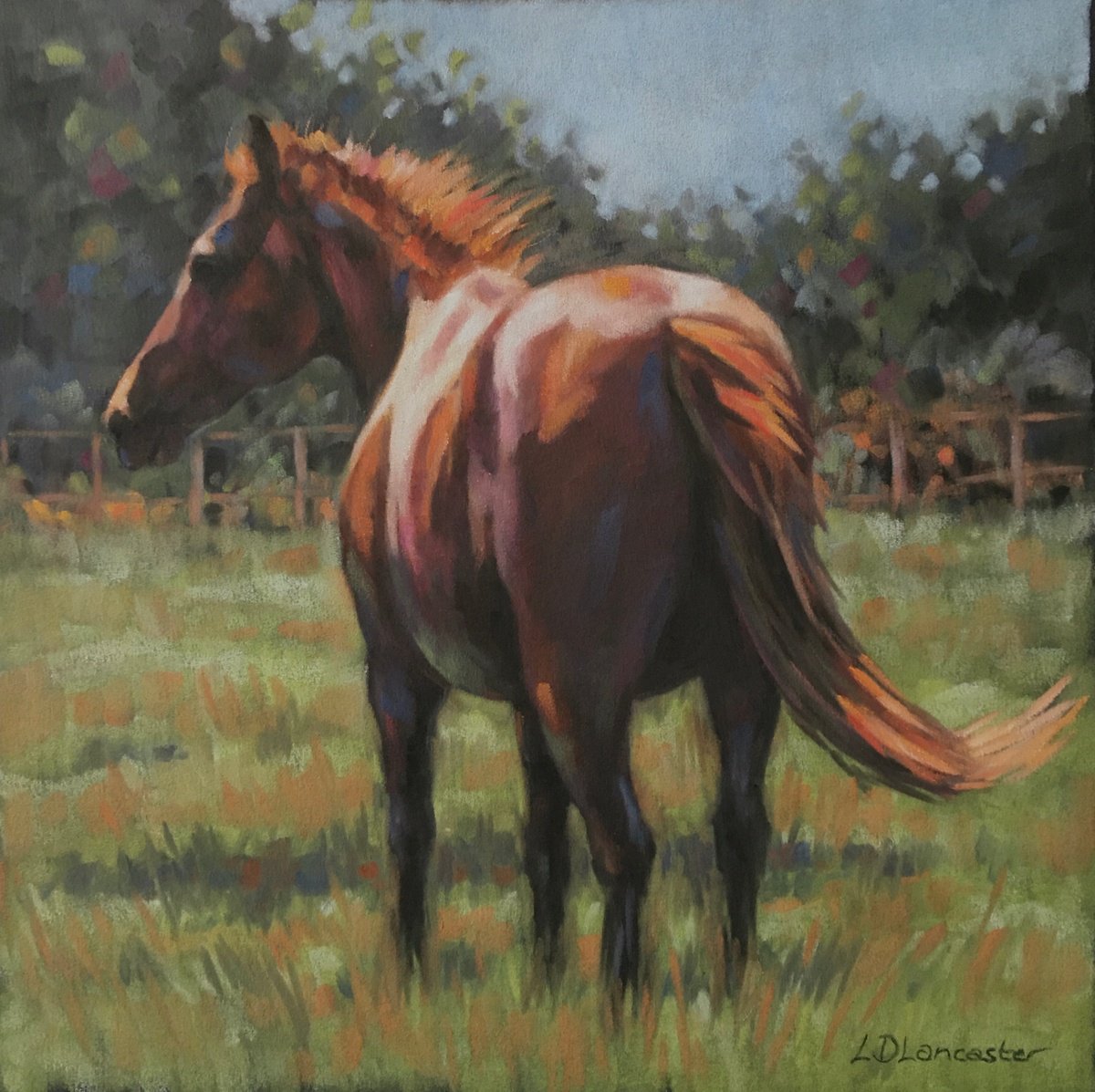 Sunny Windy Day Chestnut Horse Grazing in Meadow by Lorna Lancaster ASEA