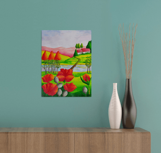 Spring country landscape with poppies 2.