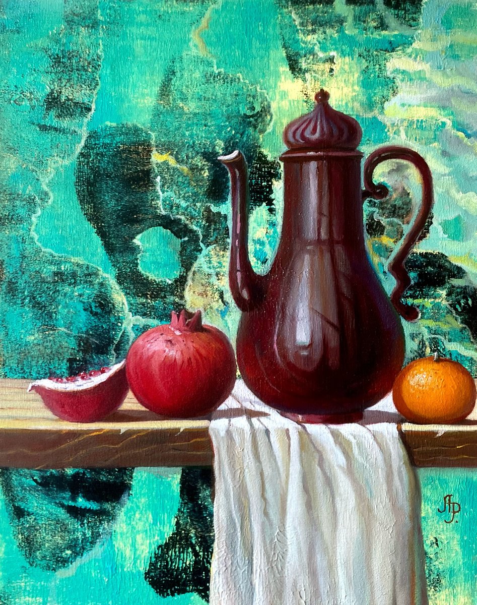 Impressionistic Still Life Oil Painting By Olexandr Romanenko, 16 X 20", Still Life With A Copper Jug, Original Artwork