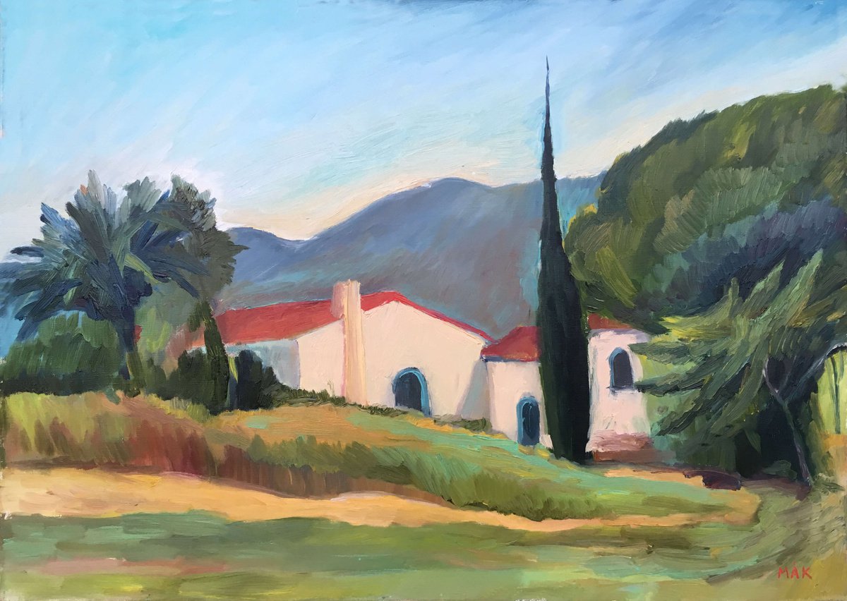 LANDSCAPE WITH CYPRESS - oil painting with Spanish houses, mountains and green palm trees... by Irene Makarova