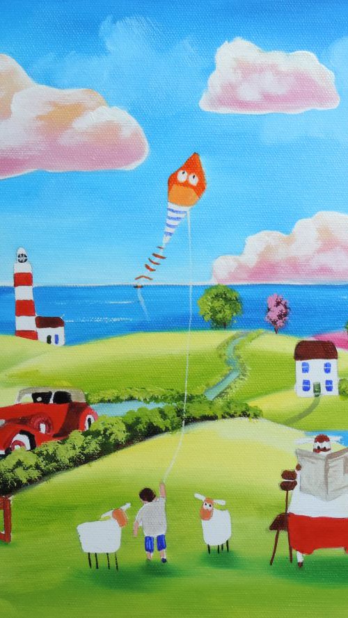 Folk art naive landscape with a cow by Gordon Bruce