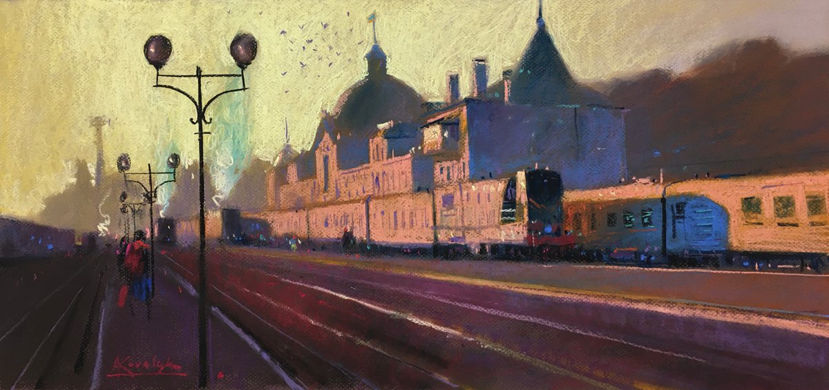 Impressionistic Cityscapes Pastel Drawing By Andrii Kovalyk, 26 X 13, Railway Station In Chernivtci City, Original Artwork