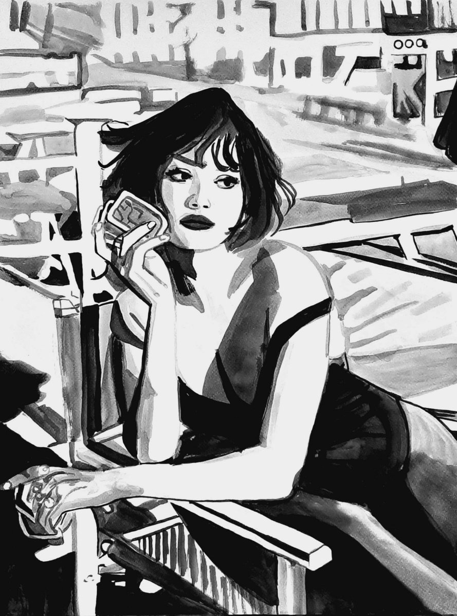 Urban And Pop Portrait Ink Drawing By Alexandra Djokic, 20 X 26, At The Beach, Original Artwork