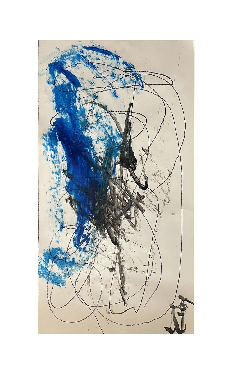 Abstract Landscape Painting By Mattia Paoli, 17 X 38", Ab#326 Blue Sea, Original Artwork