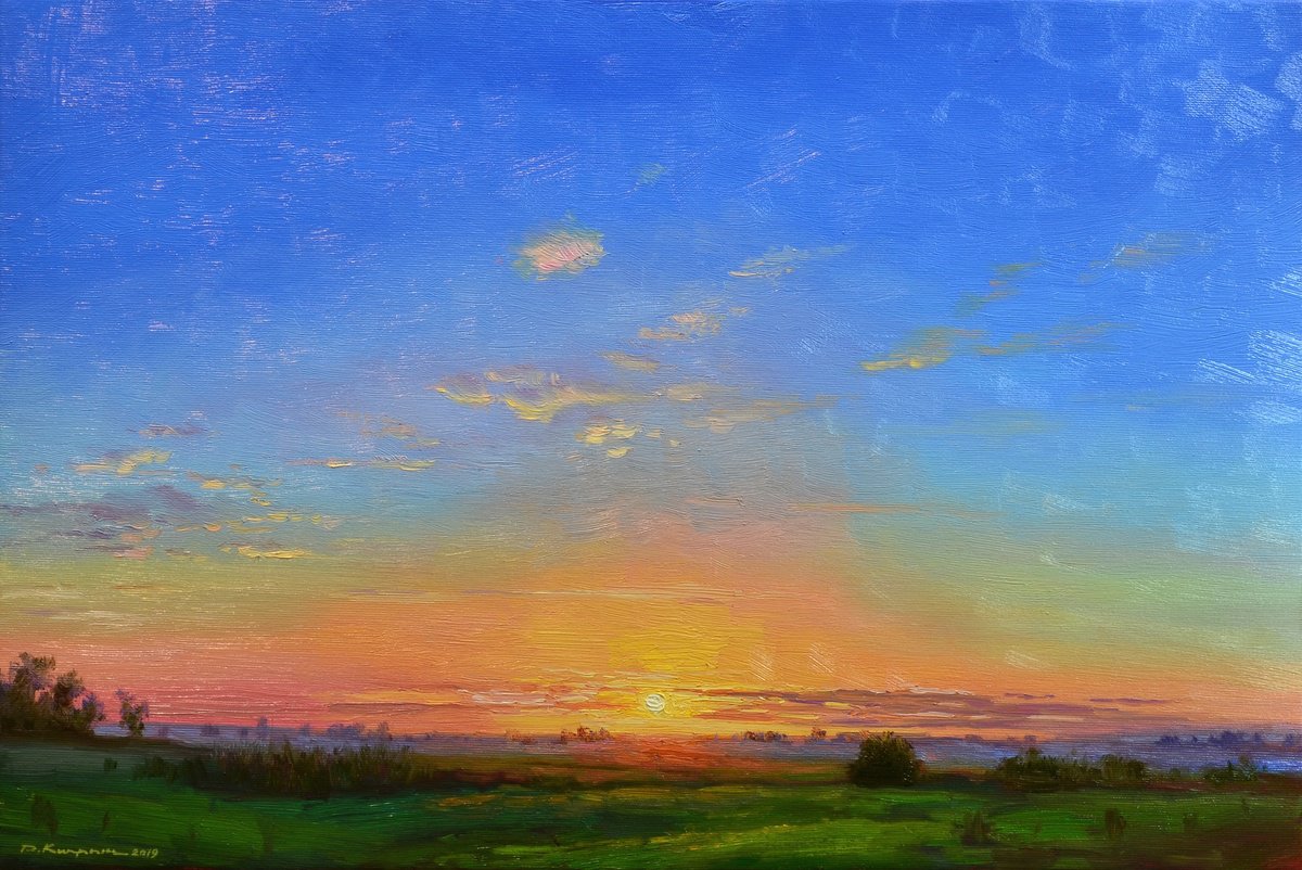 Impressionistic Landscape Oil Painting By Ruslan Kiprych, 24 X 16", Dawn In The Meadow, Original Artwork