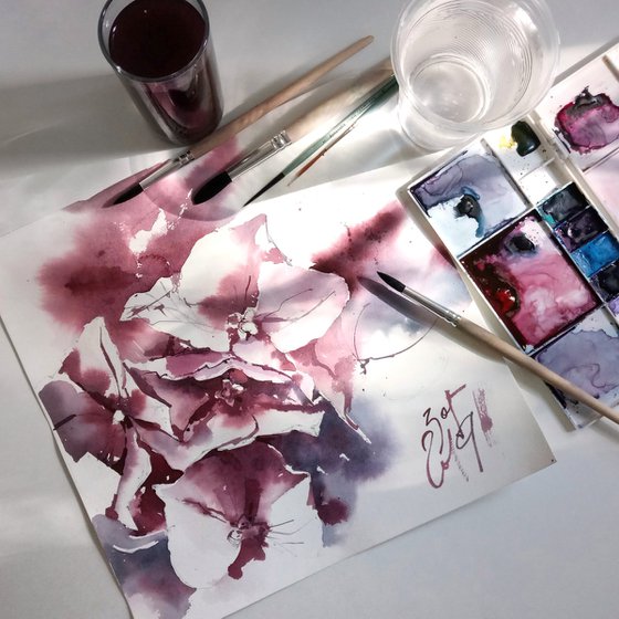 "Expressive twilight hydrangea" original watercolor artwork in square format